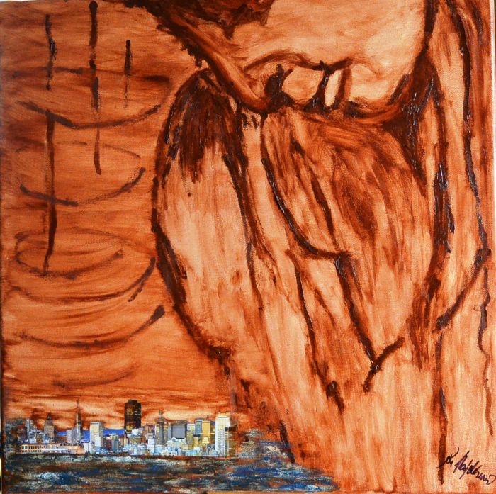Bouře nad městem - koláž - malba na plátně akryl