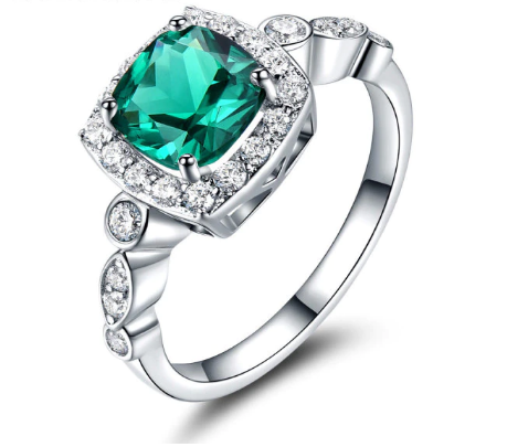 Smaragdový prsten ve stříbře se zirkony, drahokamy, souprava šperků, stříbro, originální šperky