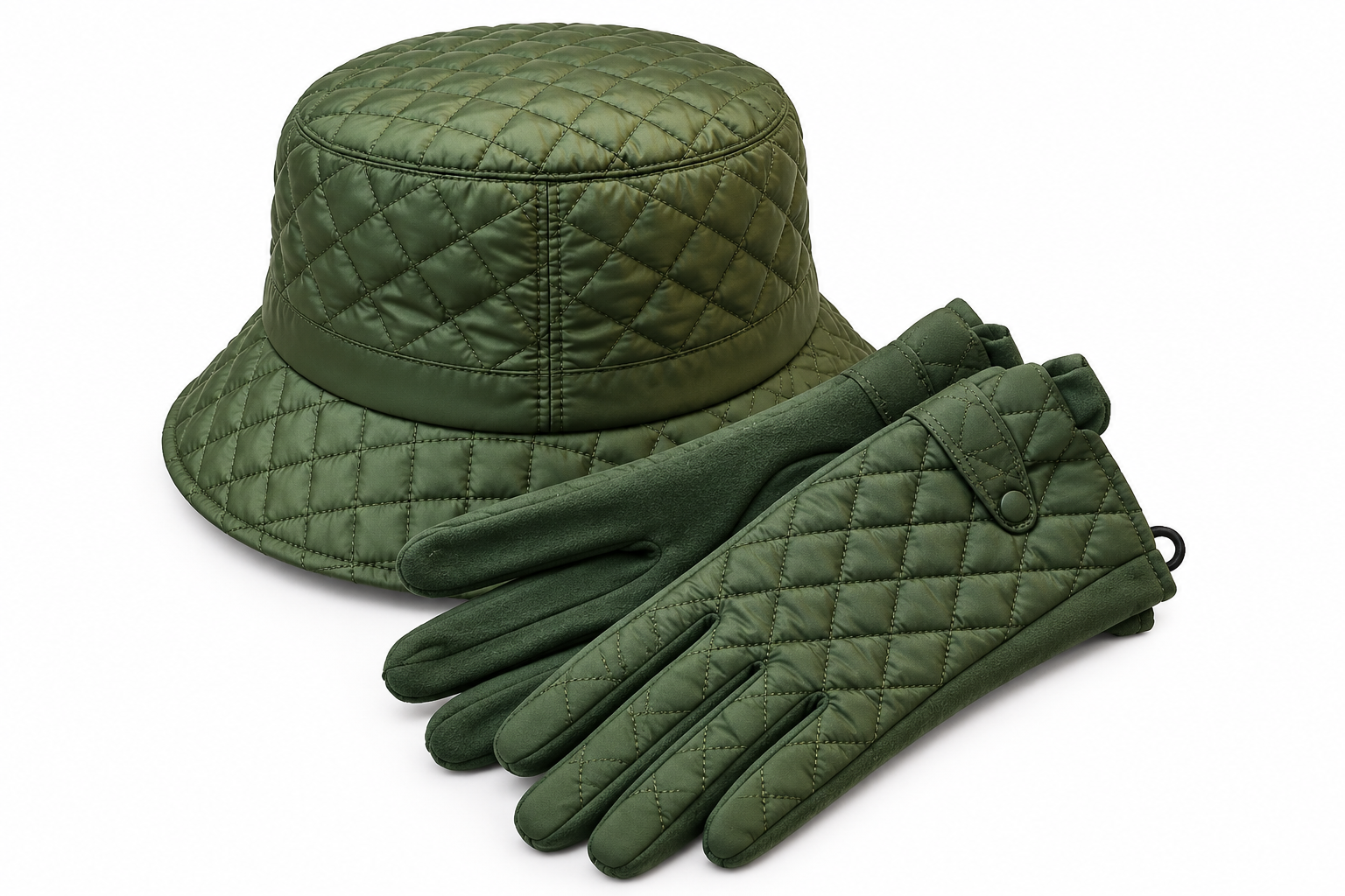 Prošívaný nepromokavý klobouček s rukavicemi – khaki