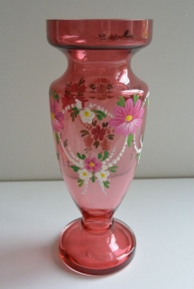 Váza s květy, ručně malované sklo - malá RŮŽOVÁ
