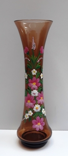 Váza s květy, ručně malované sklo - nízká úzká 