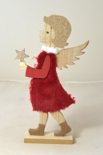 Anděl dřevo, hvězda, červené šaty 30,5cm - Vánoce