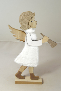 Anděl dřevo s trubkou bílé šaty 30,5cm - Trendy